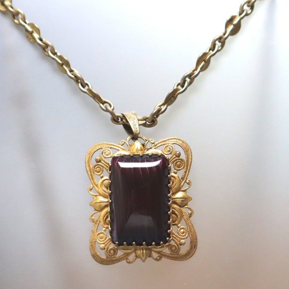 Miriam Haskell Red Stone Necklace Maroon Glass Pendant Vintage